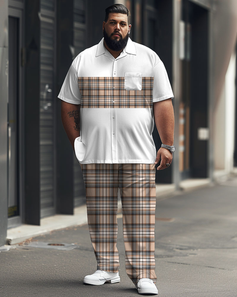 Men's Plus Size Simple Plaid Patchwork Printed Short-sleeved Shirt Suit