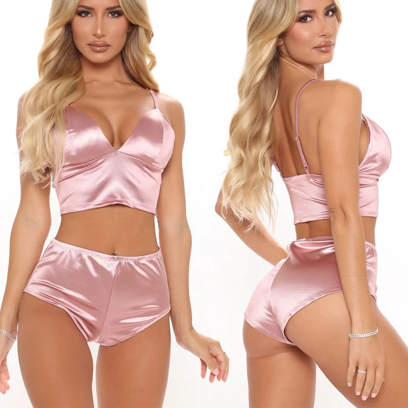 Women Two Piece Set Tops And Shorts 2 Piece Sets Summer Sexy Pantsuits Slim Lingerie Satin High Waist Shorts Suits Sexy Outfits