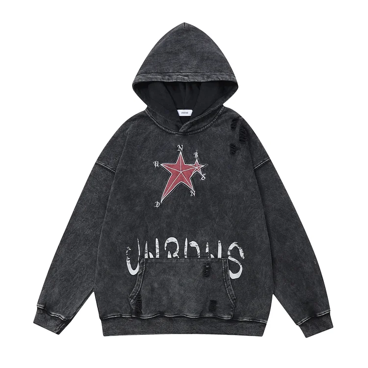 Washed Embroidery Star Distressed Leather Hooded Sweatshirt Hoodies at Hiphopee