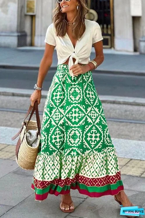 Meridress Bohemia Printed Elastic Waist Ruffle Maxi Swing Skirt