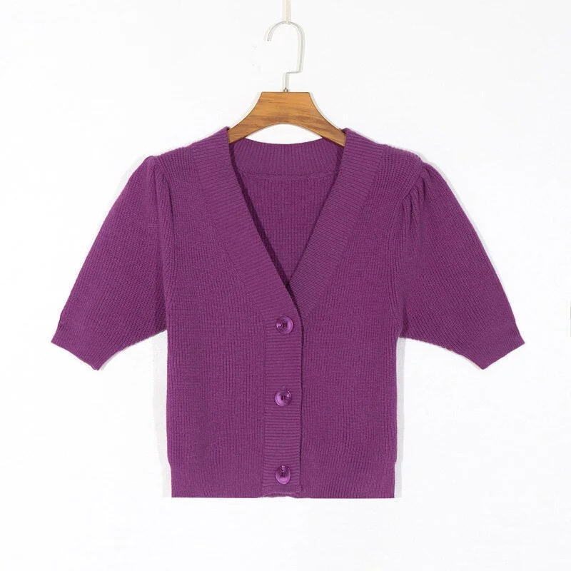 Spring women's sweater casual solid color V-neck short sleeve sweater