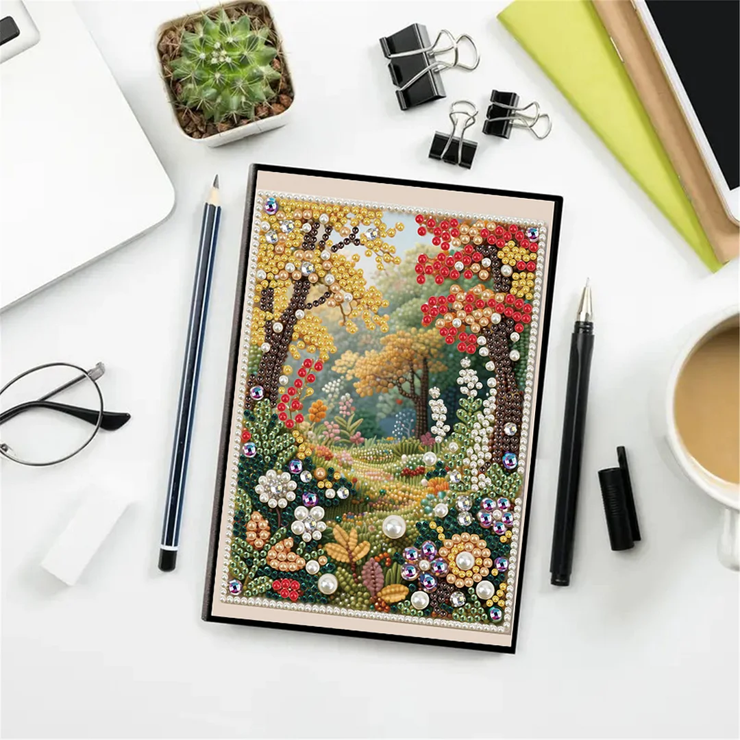 Autumn Forest Partial Pearl DIY 50 Pages A5 Diamond Painting Notebook Special Shaped Diamond Art Diary Book Kits Wireless Strip 5D Crystal Art Paintings Sketchbook for Art Drawing
