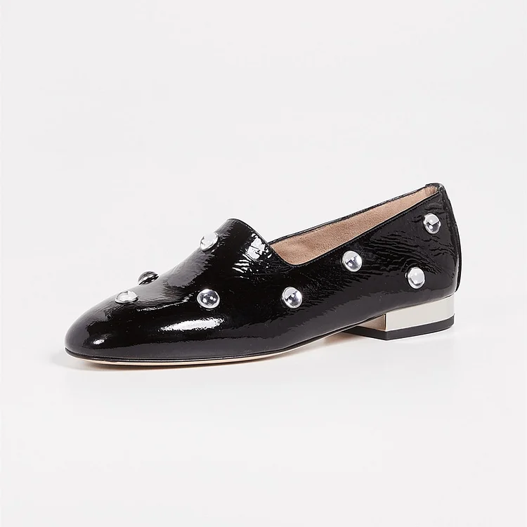 Black Almond Toe Casual Flats Rhinestone Loafers for Women |FSJ Shoes
