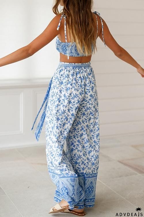 Off Shoulder Floral Print Knot Pants Set