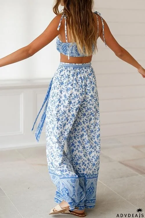 Off Shoulder Floral Print Knot Pants Set