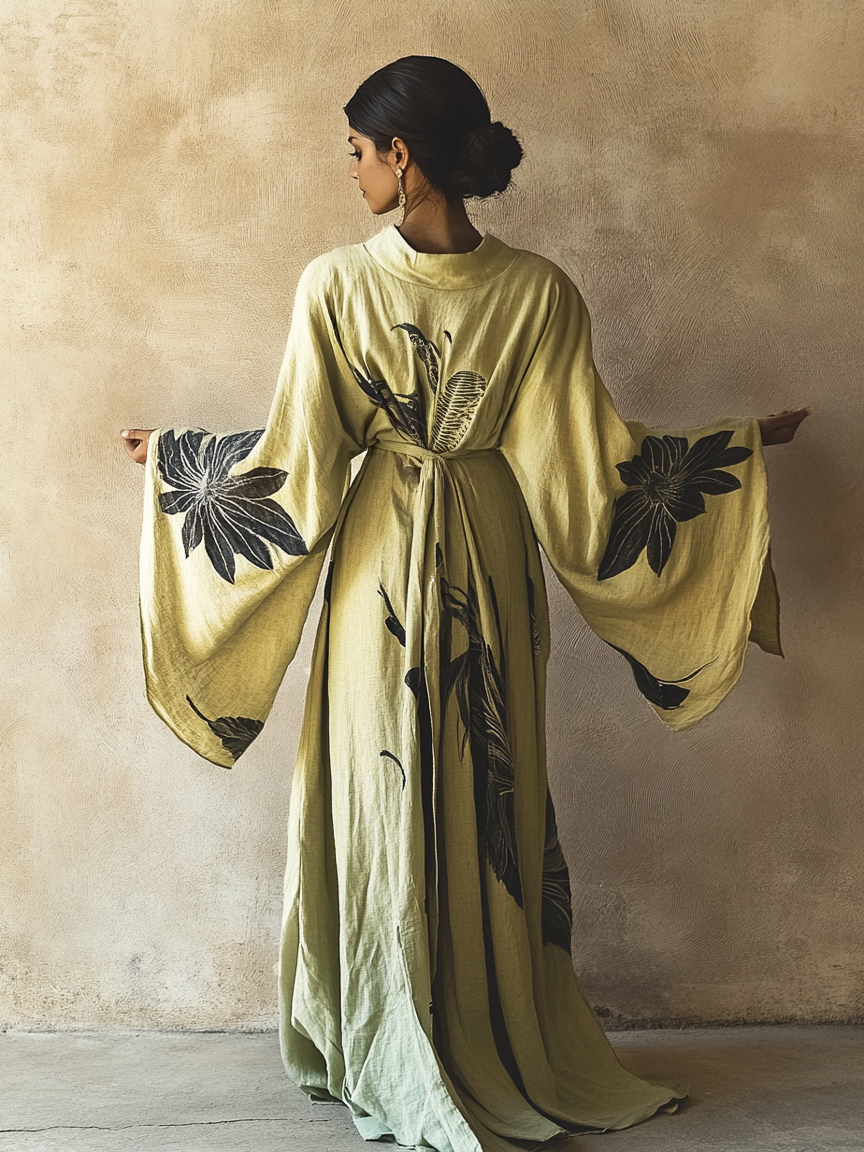 Women's Blackheart Coneflower Kimono Linen Robe (Including Belt)