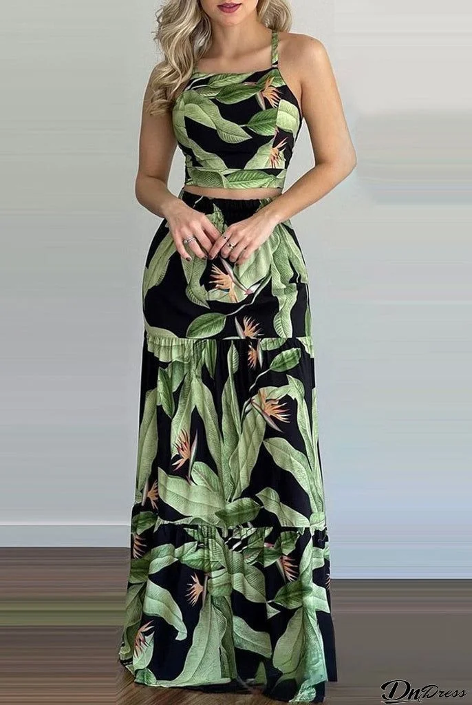 Sleeveless Backless Crop Tops Maxi Skirt Sets