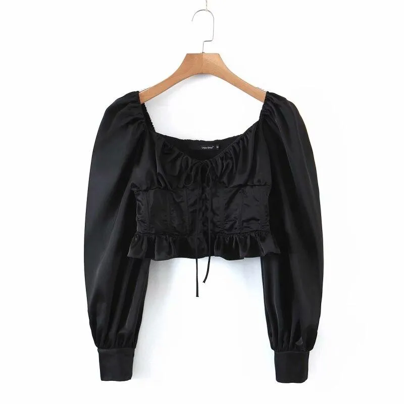 PUWD Sexy Woman Slim Satin Ruffles Short Blouse 2021 Spring Fashion Ladies V Neck Party Tops Female Chic Lantern Sleeve Blouses