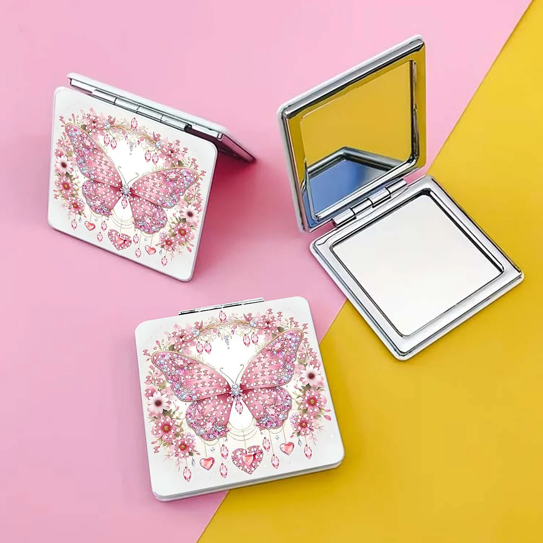 Pink Butterfly DIY Special Shaped Diamond Painting Compact Mirror Kits Diamond Art Painting Pocket Mirror for Beginners Adults Art Craft Woman Gifts