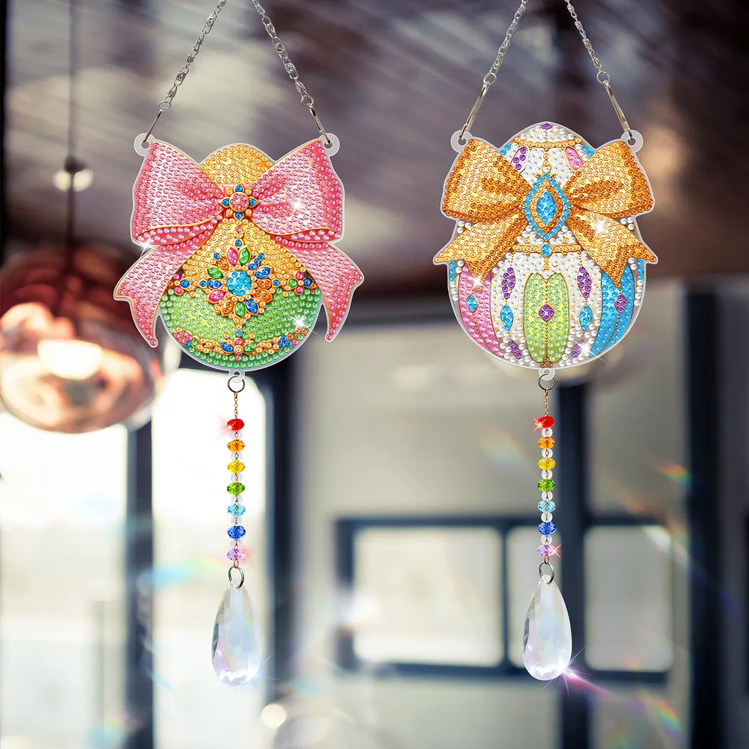 2Pcs Bow-shaped Easter Egg DIY Double-Sided Diamond Painting Hanging Kits Diamond Painting Suncatcher Craft Kit for Home Garden Wall Decor Gift