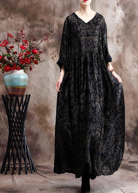 Luxy V Neck Black Print Silk Satin Dresses