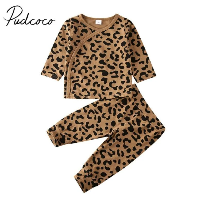 2019 Baby Summer Clothing Leopard Infant Baby Girl Boy Long Sleeve Clothes Button Tops Leggings Pants 2Pcs Outfit 0-18M