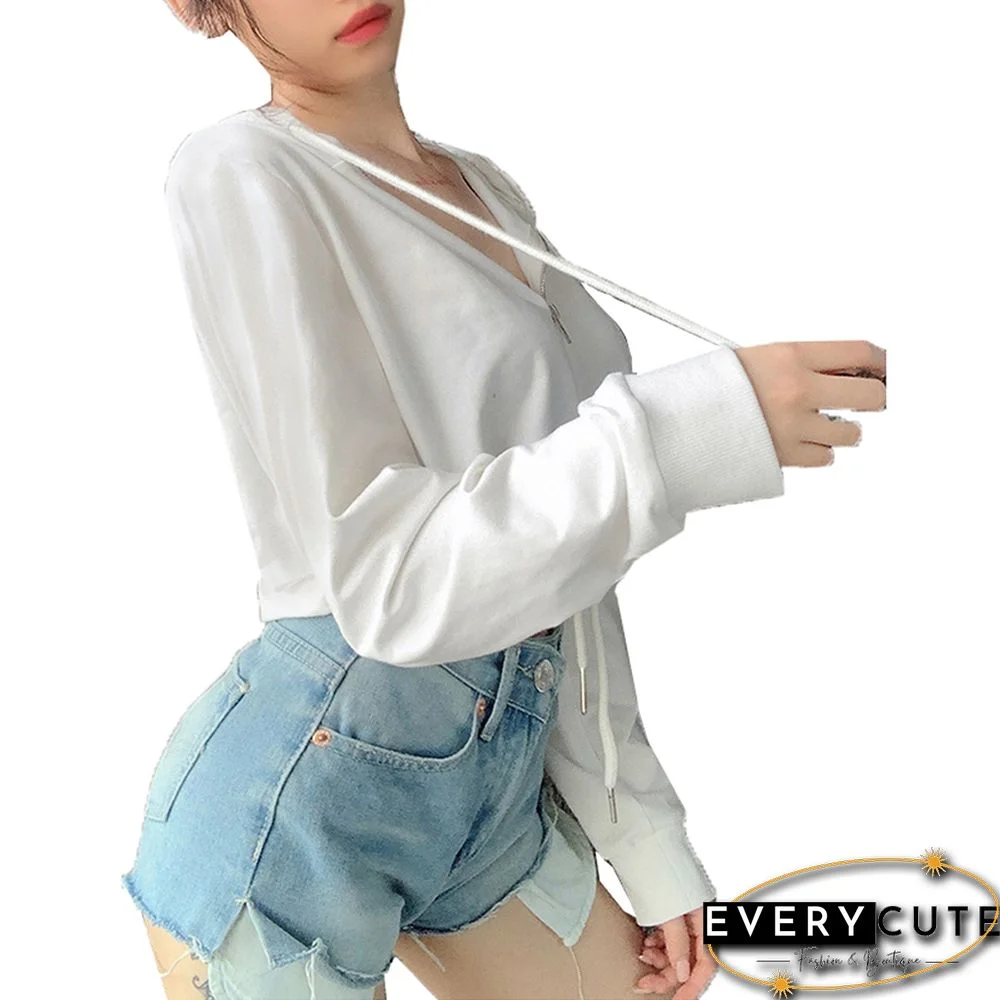 White Zipper Drawstring Crop Hoodie