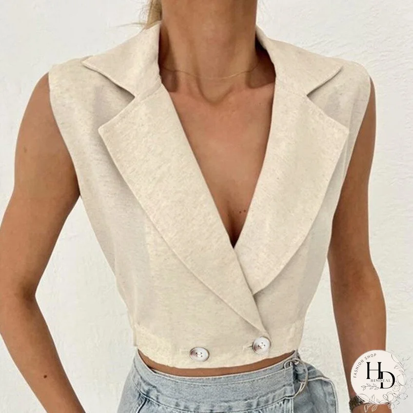 Joskka Cotton Linen Vest For Women Solid Sleeveless Jacket Chic V-Neck Single-Breasted Ladies Waistcoat Tops Roupas Femininas
