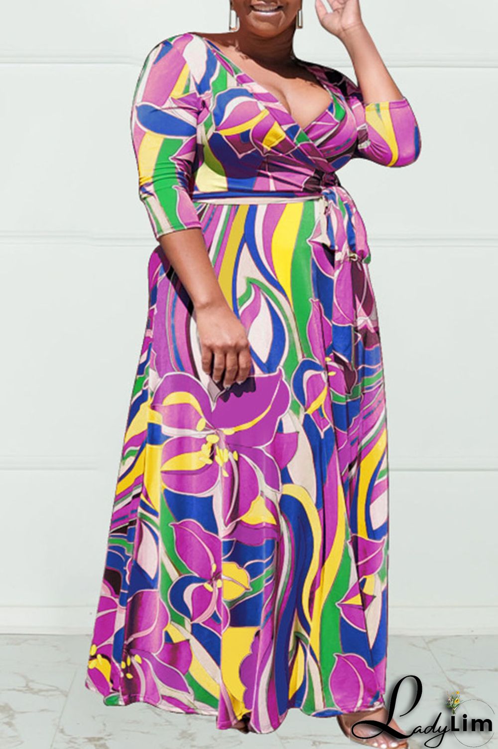 Purplish Blue Casual Print Bandage Patchwork V Neck Plus Size Dresses