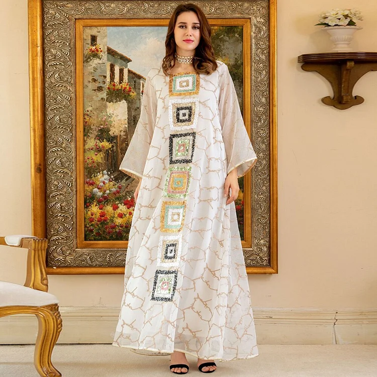 African Americans fashion QFY White Abayas For Women Dubai 2022 Ramadan Kaftan Arabe Luxury Sequin Long Sleeve Dress Robe Musulmane Djellaba Femme Boubou Ankara Style QueenFunky