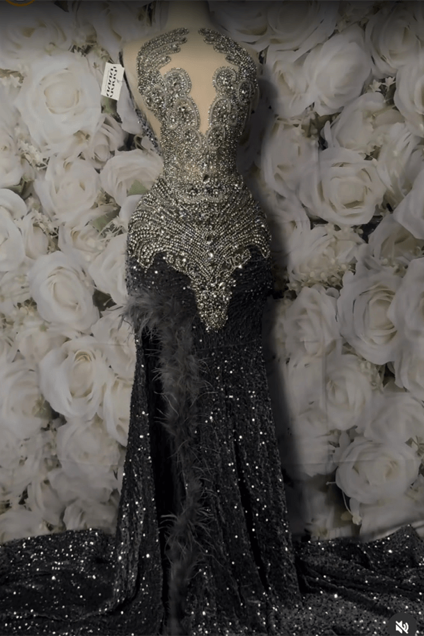Glamorous Dark Grey Scoop Sleeveless Mermaid Formal Dresses With Split Sequins Beadings Feathers - lulusllly