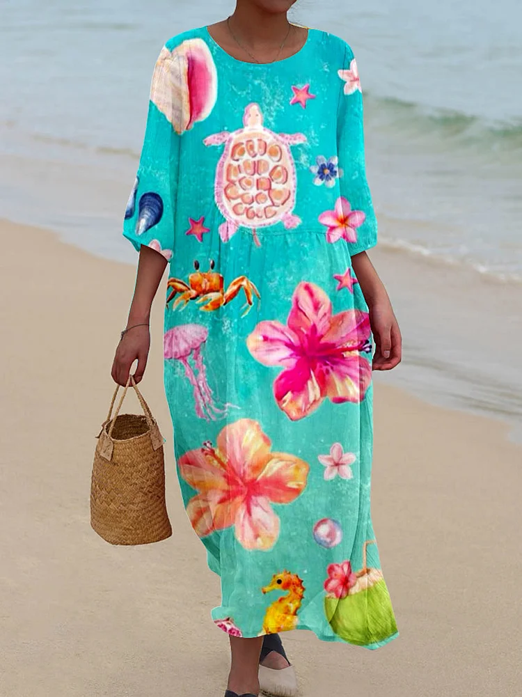 Womens Ocean Resort Style Watercolor Flower Pattern Pocket Cotton Dress