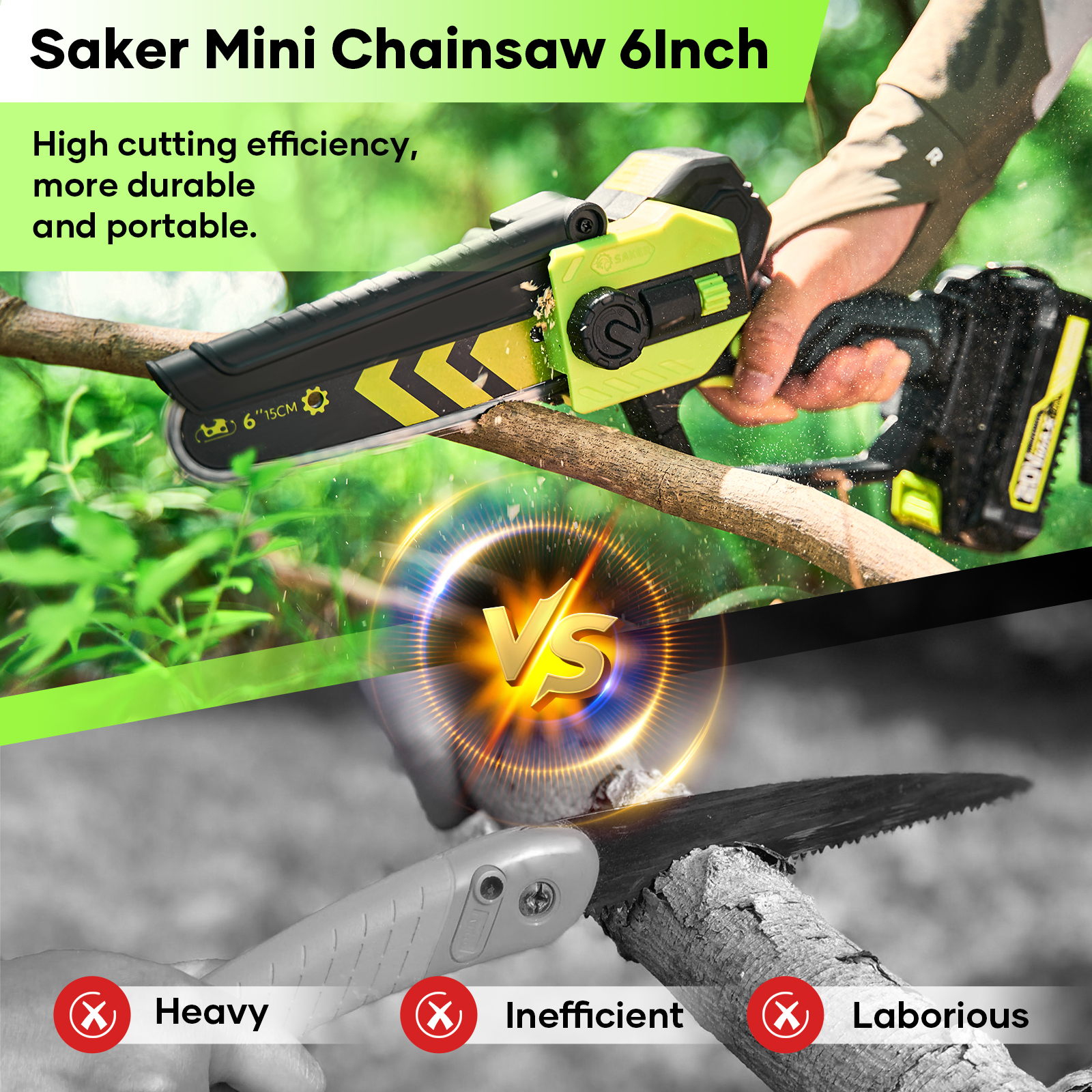 Saker Mini Cordless Handheld Chainsaw 6 Inch