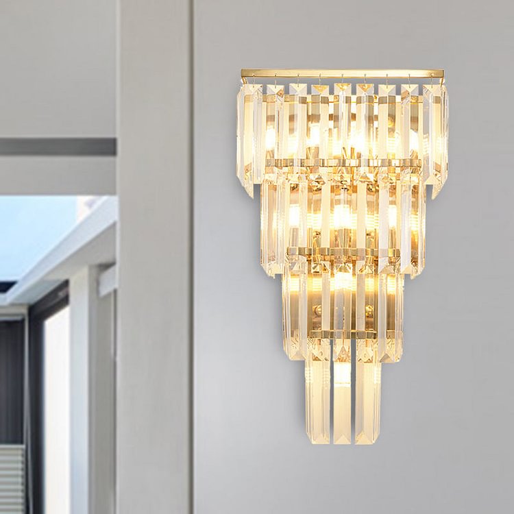 4/7 Heads Wall Light Sconce Traditional Living Room Wall Lighting Fixture with Layered Crystal Block Shade in Gold