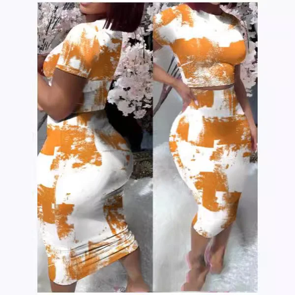 Wongn Wongn Women's Round Collar Short-Sleeved T-Shirt Wrapped Hip Skirt Print Leak Umbilical Slim Sexy Suit