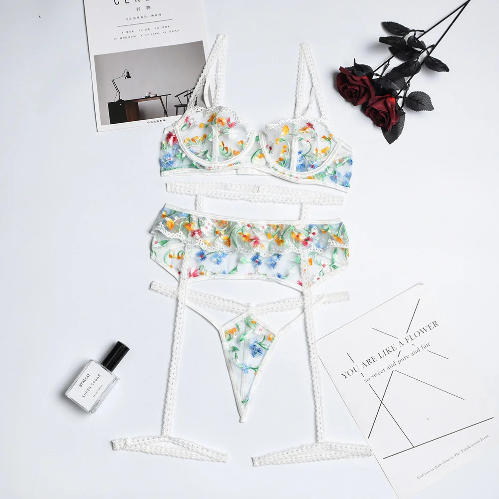 Billionm Floral Lingerie Women Sexy Bra Underwire and Panties Lengerie See Through Embroider Flower Underwear Sex Porno Clothing Intimate