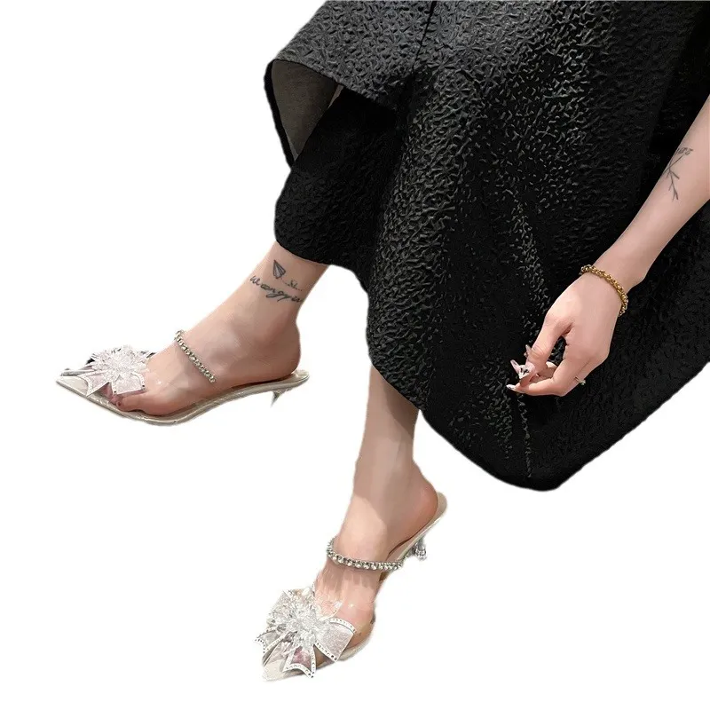 Breakj Breakj Female Fairy Wind 2025 Summer Fashion Outside Wearing Pointed Water Drill Side Transparent Word With Fine And Slippers