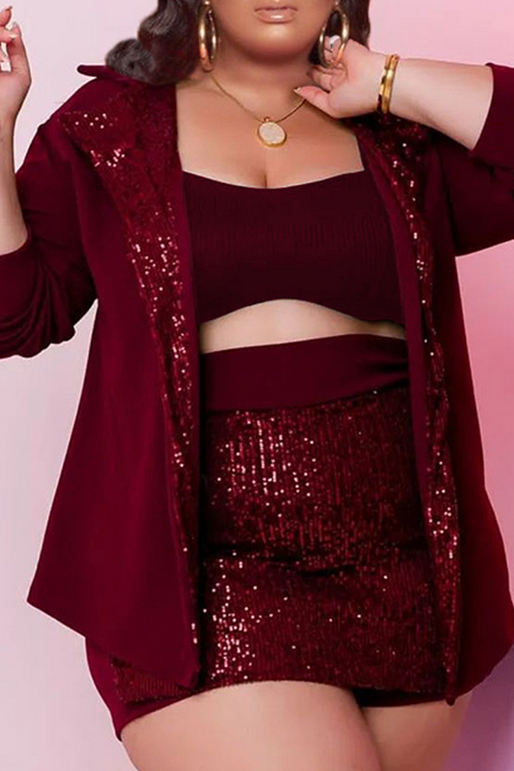 Red Sexy Solid Sequins Turndown Collar Plus Size Three Pieces