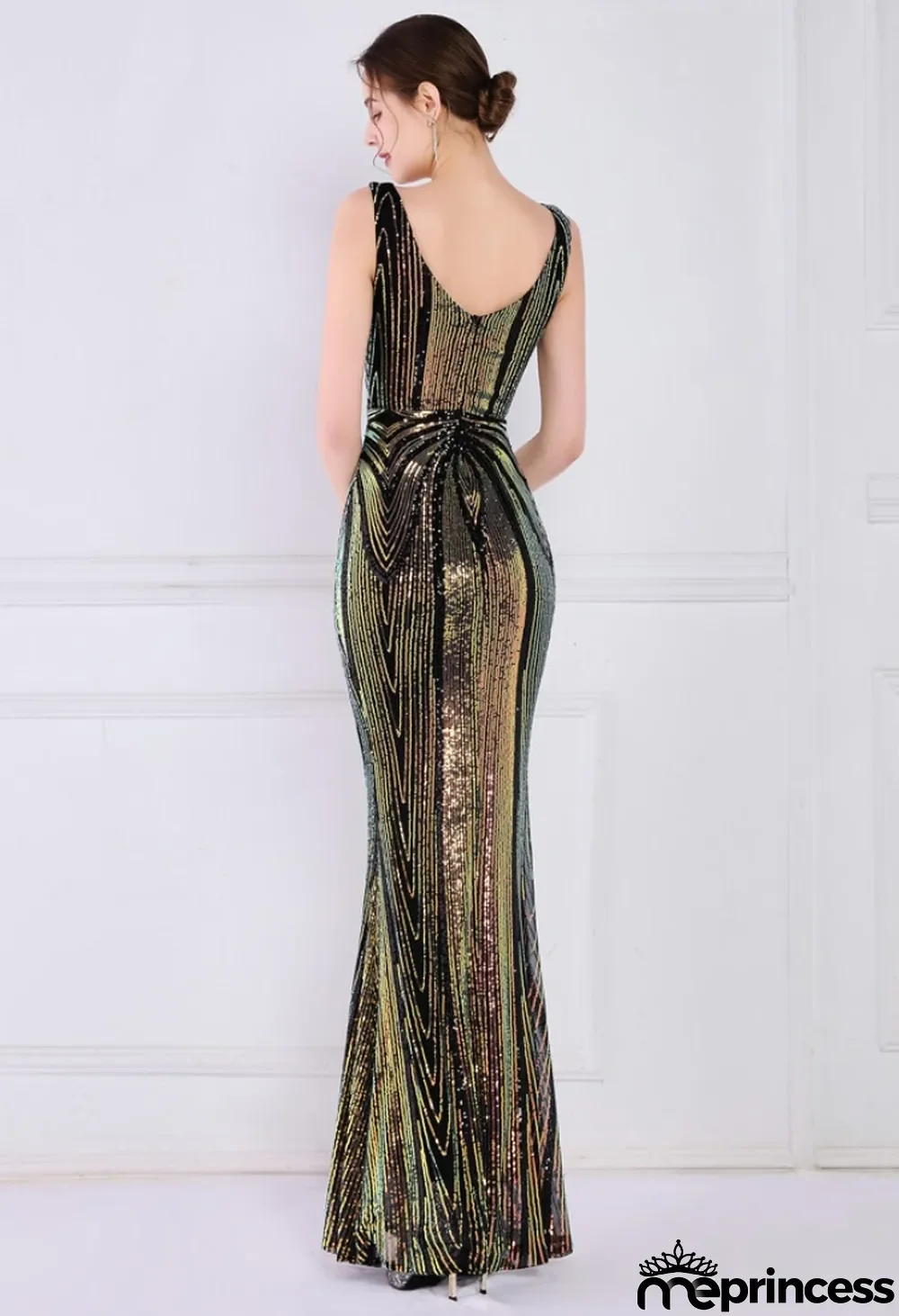 Women Summer Black Formal V-neck Sleeveless Patchwork Sequined Mermaid Evening Dress