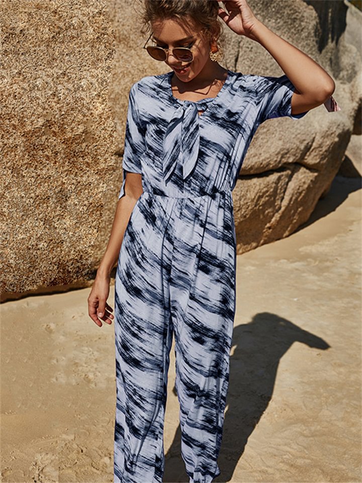 Five-part sleeve summer one-piece jumpsuit printed straps round neck loose jumpsuit casual wide leg pants -vasmok
