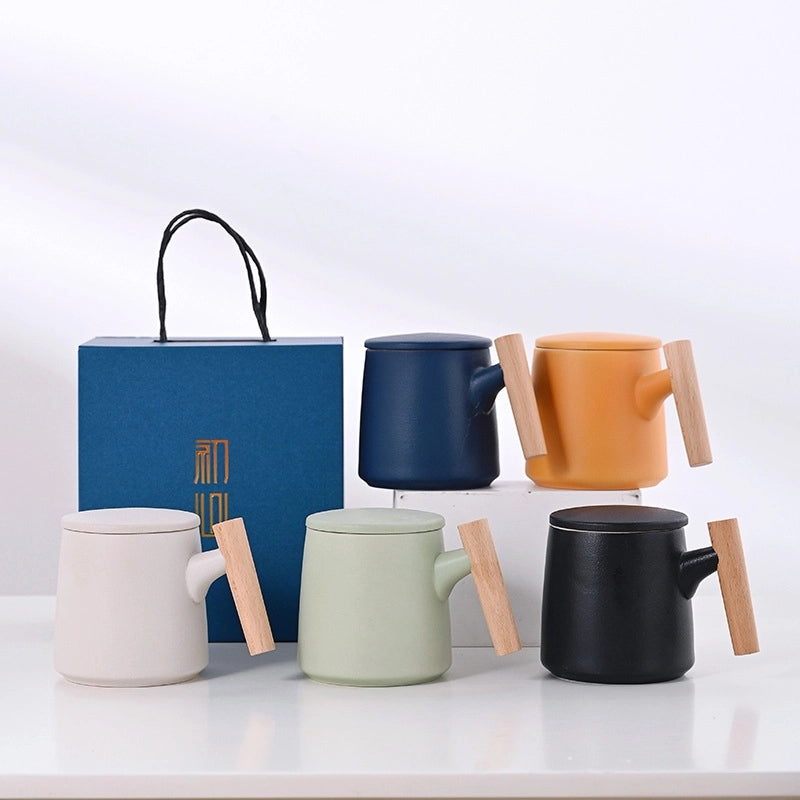 Wooden Handle Cup Simple Mug Ceramic Cup Frosted Water Cup Three-Piece Set With Lid Filter Engraving Logo Accompanying Gift