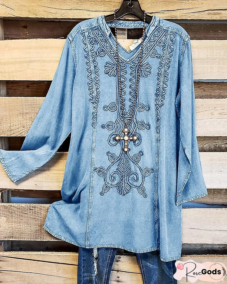 Women's Ethnic Pattern Print V-Neck Long Sleeves Casual Denim Top