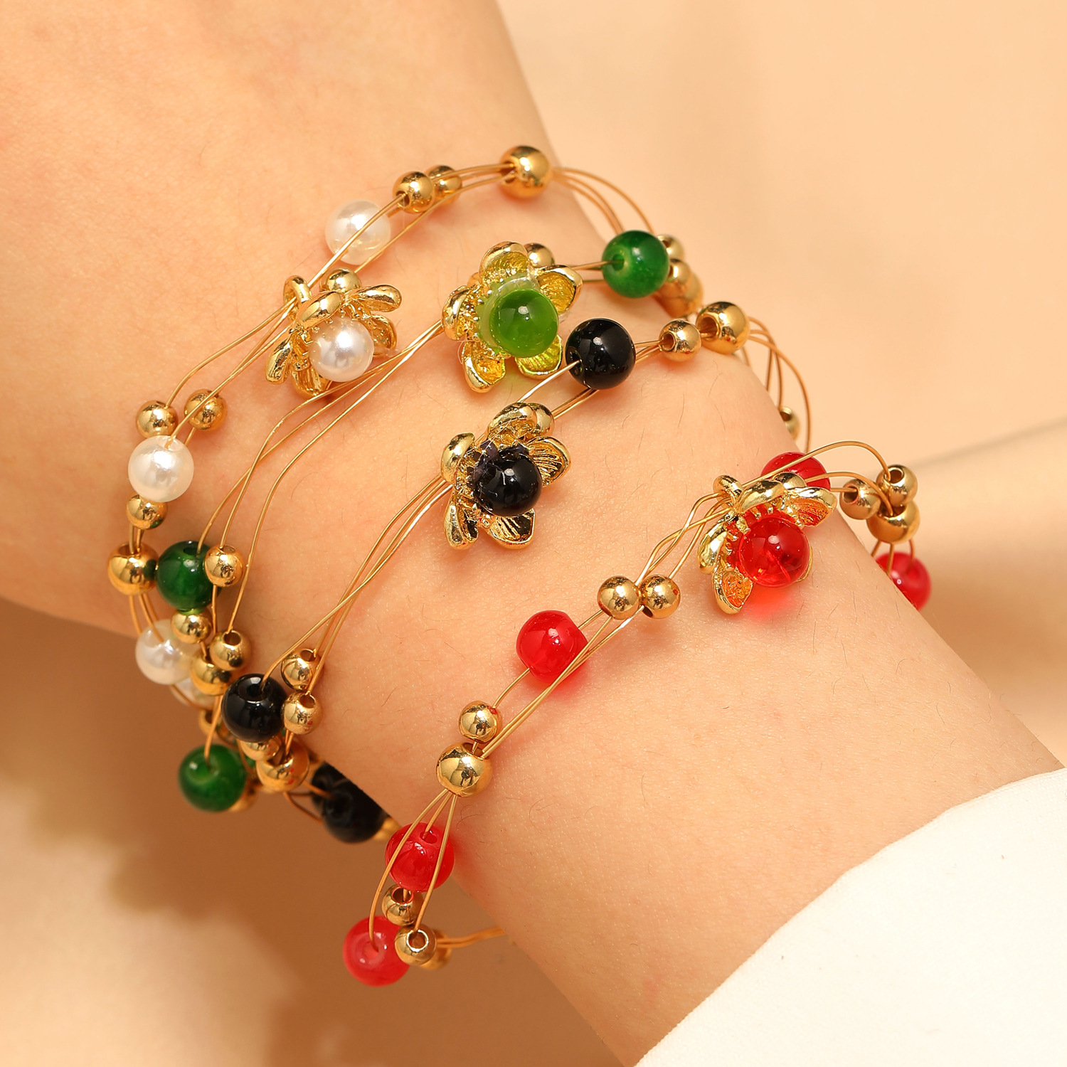 Colorful Pearls Round Beads Gold-Plated Bracelet