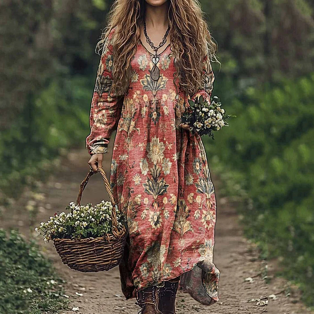 Vintage Ethnic Pattern V-Neck Dress