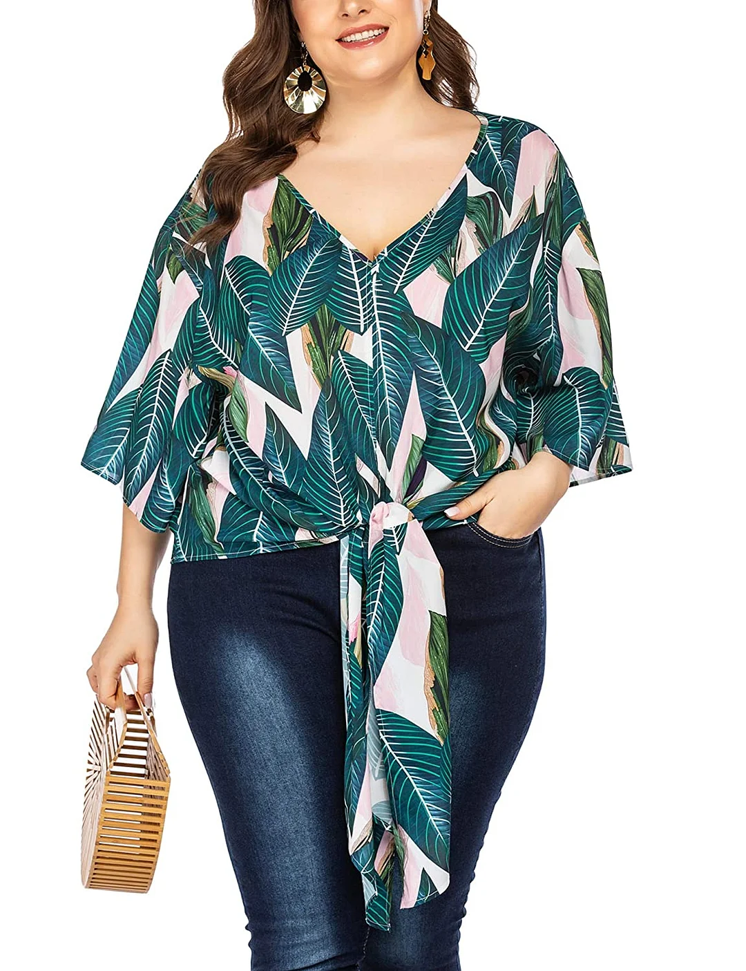 Womens Plus Size Floral Blouse V Neck Short Batwing Sleeve Tie Front Shirts Loose Casual Chiffon Work Tops