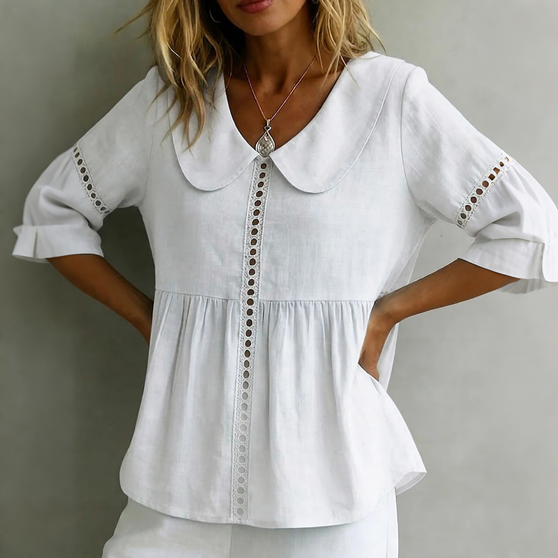 Solid Color Vintage Hollow Lace Peter Pan Collar Linen Shirt elevenforest
