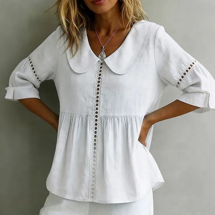 Solid Color Vintage Hollow Lace Peter Pan Collar Linen Shirt