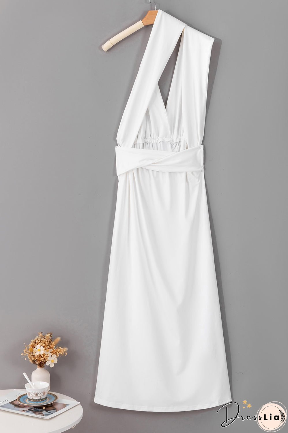 Elegant Solid Deep V Neck Split Dress