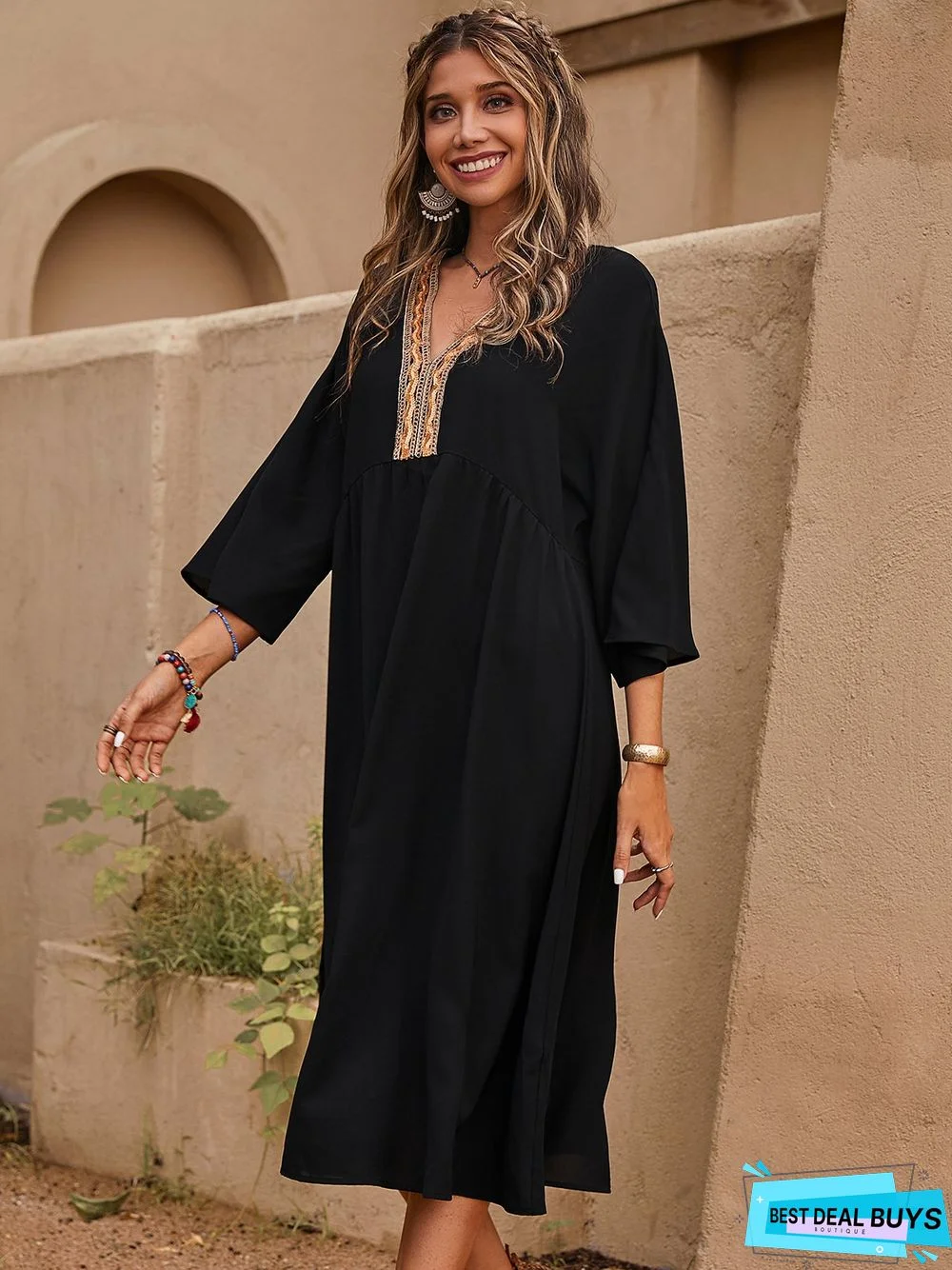 Appliqued Casual A-Line 3/4 Sleeve Weaving Dress