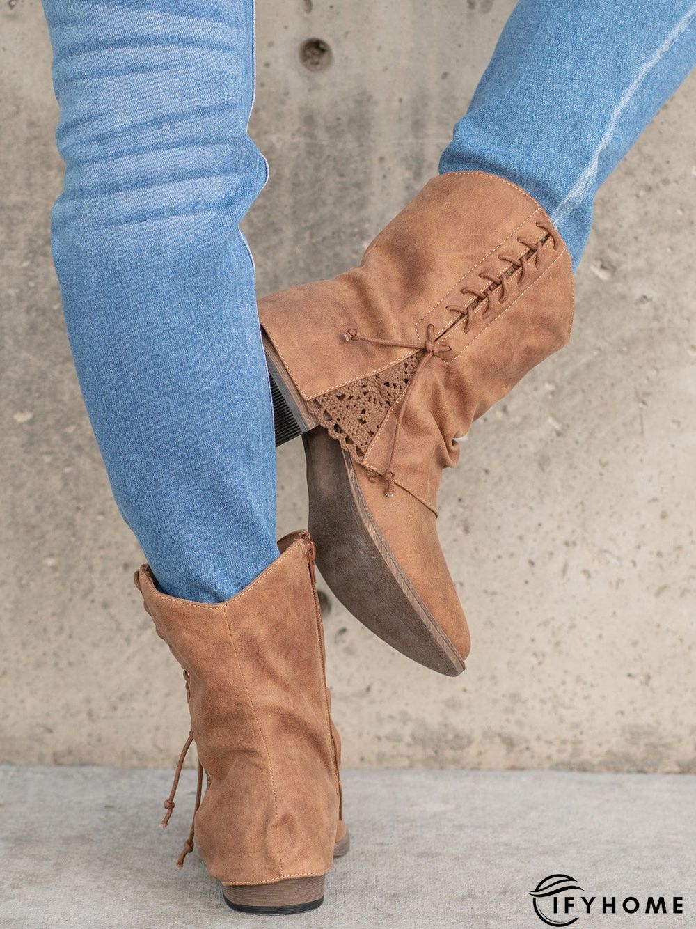 Women's Cross Lace Lace Panel Vintage Chunky Heel Chukkas Booties | IFYHOME