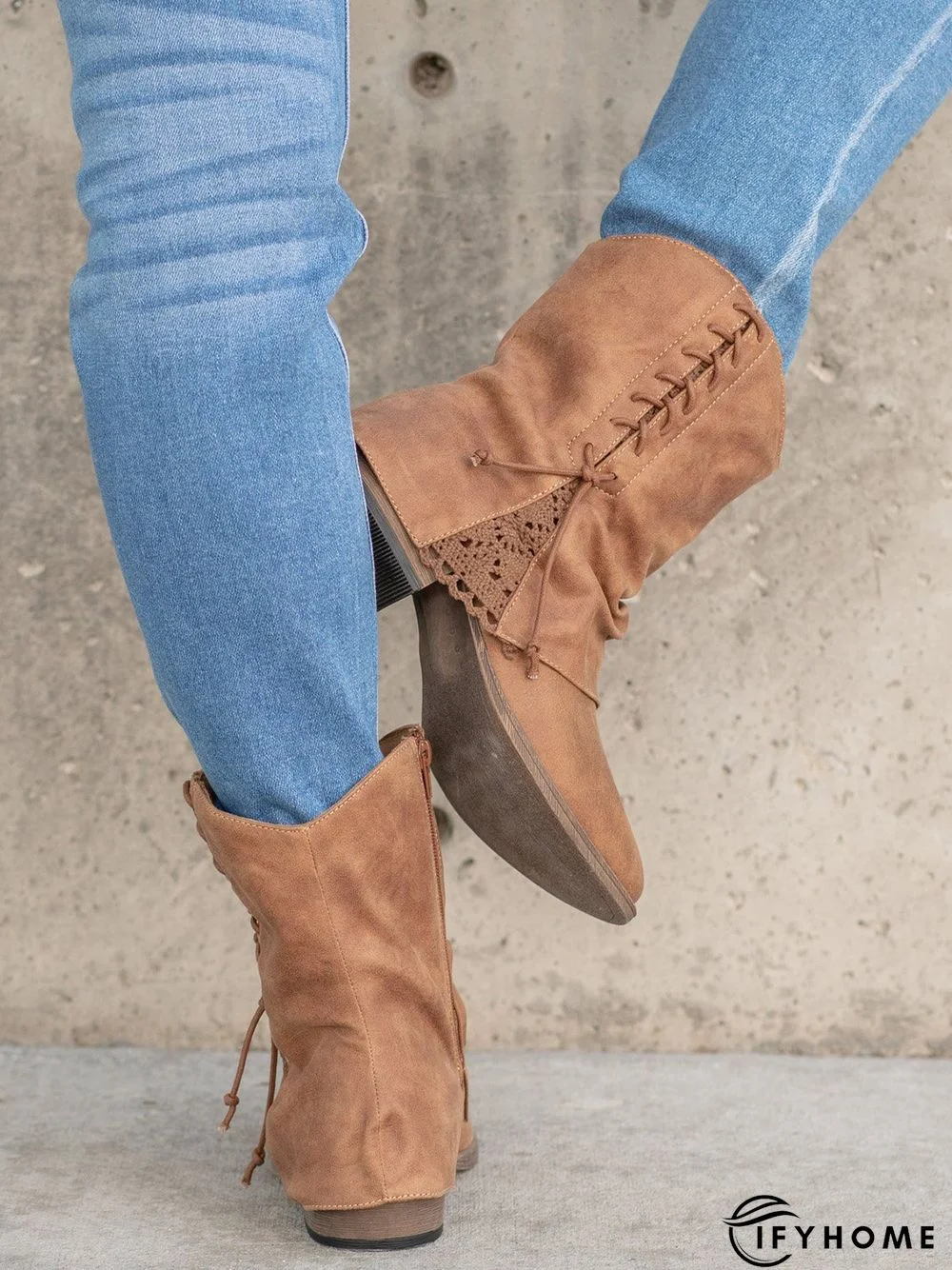 Women's Cross Lace Lace Panel Vintage Chunky Heel Chukkas Booties | IFYHOME