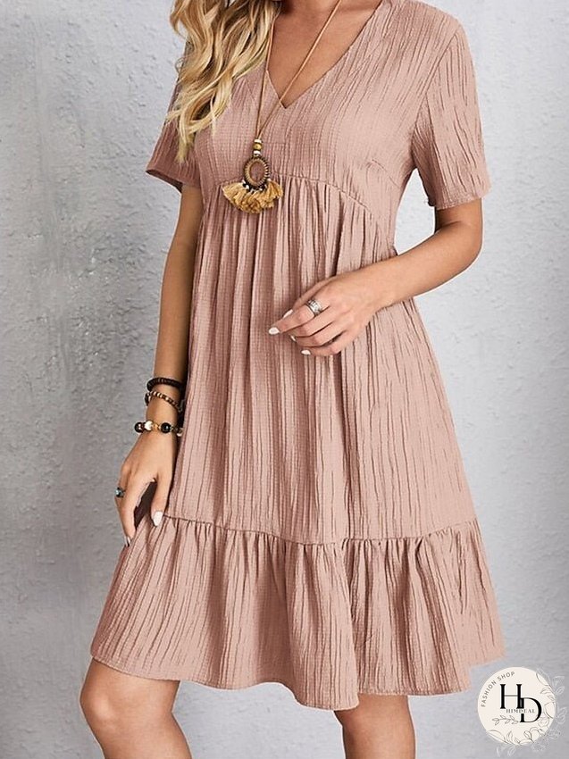 Casual Dress Shift Dress Plain Dress Plain Ruffle V Neck Midi Dress Basic Classic Outdoor Daily Short Sleeve Loose Fit Black Pink Red Spring Summer S M L XL XXL for Women
