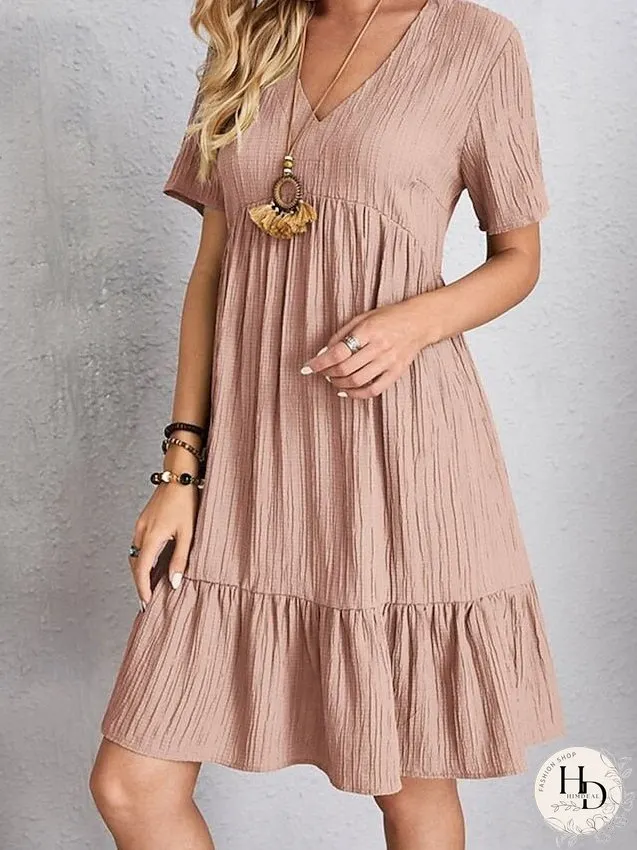 Casual Dress Shift Dress Plain Dress Plain Ruffle V Neck Midi Dress Basic Classic Outdoor Daily Short Sleeve Loose Fit Black Pink Red Spring Summer S M L XL XXL for Women