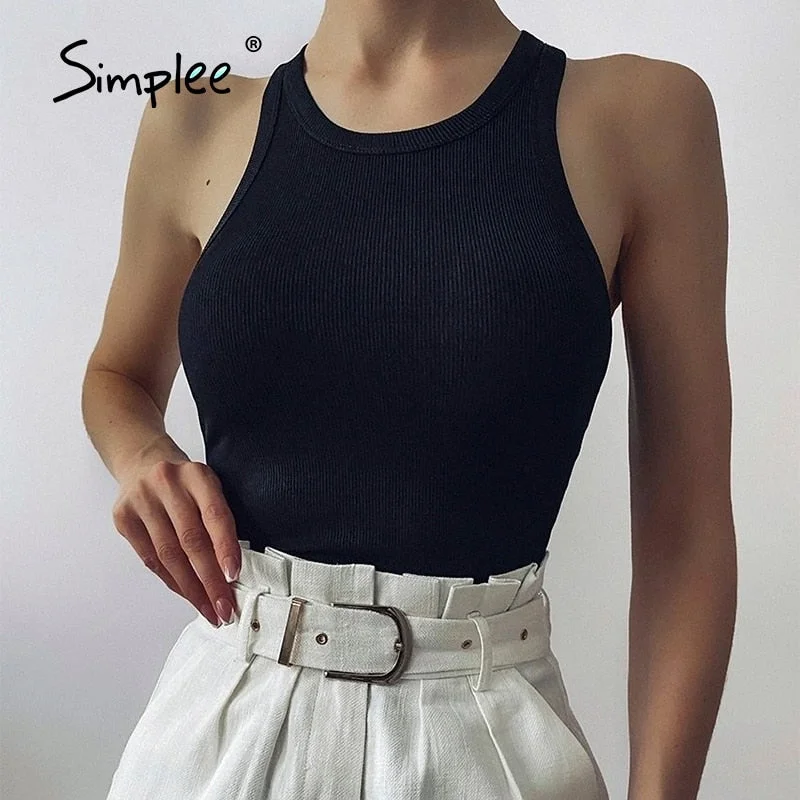 Simplee Highstreet summer o-neck solid cotton vest women Sexy basic ladies office tank top Fashion sleeveless club short tops