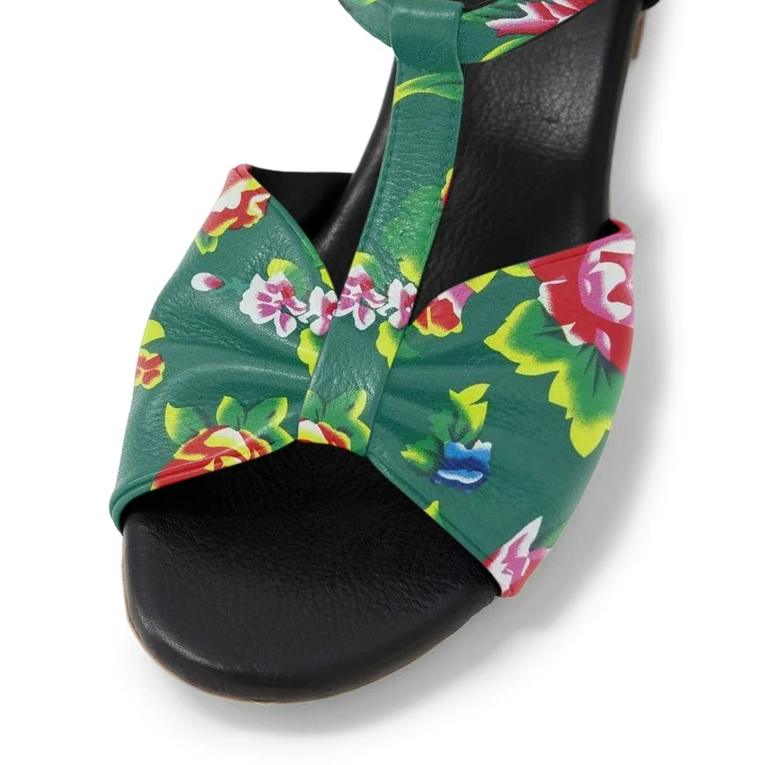 Multicolor Floral Print Open Toe T-Strap Block Heel Sandals