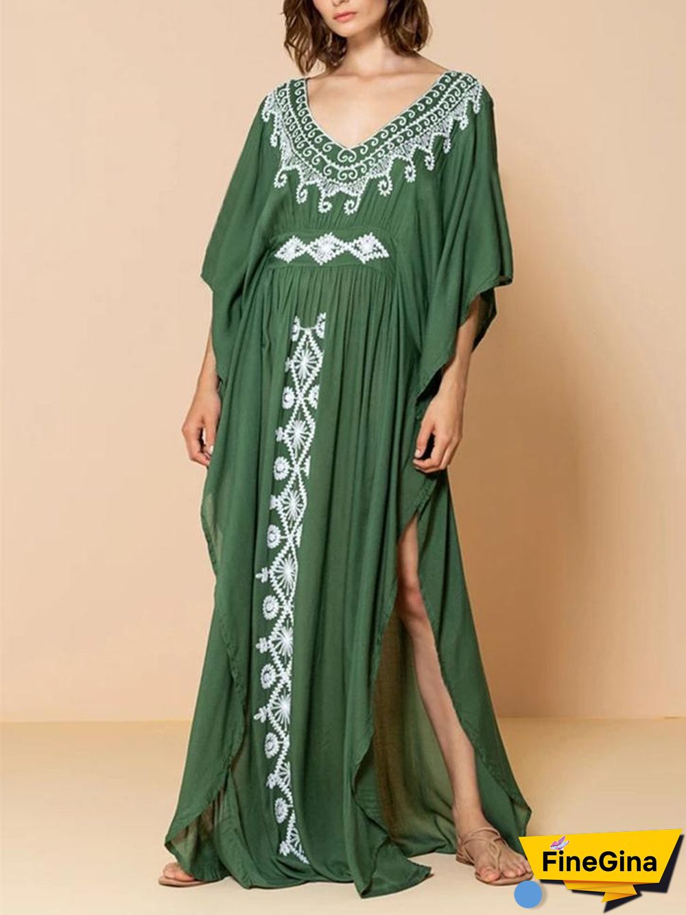 Deep V-Neck Embroidery Black/Green Full Length Beach Dress