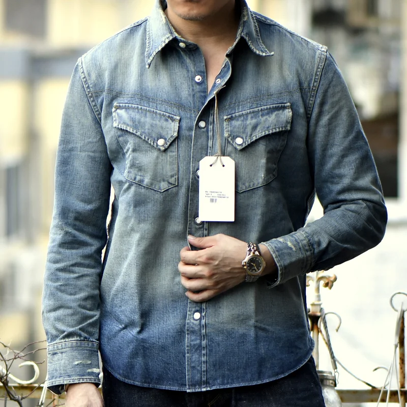 Vintage Washed Gradient Denim Long Sleeve Casual Shirt