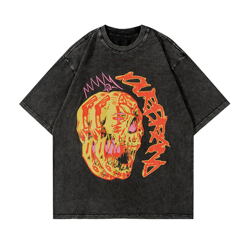 Retro Skull Pattern Washed Printed T-Shirt