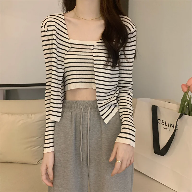 Uveng Uveng Summer New Fashion Temperament Sexy Knitted Striped High-Waisted Sling + Long-Sleeved Open-Shirt Two Sets
