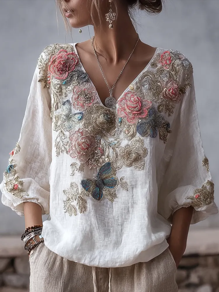 Bohemian Style V-neck Butterfly And Flower Embroidery Cotton And Linen Short Sleeve